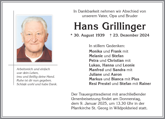 Traueranzeige von Hans Grillinger von Allgäuer Zeitung,Kempten