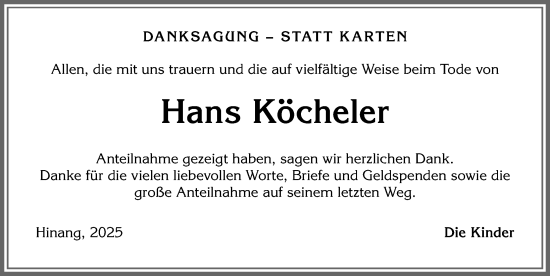 Traueranzeige von Hans Köcheler von Allgäuer Anzeigeblatt