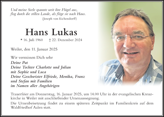 Traueranzeige von Hans Lukas von Der Westallgäuer