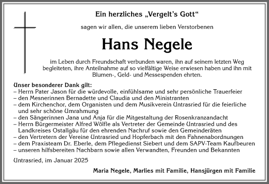 Traueranzeige von Hans Negele von Allgäuer Zeitung, Marktoberdorf