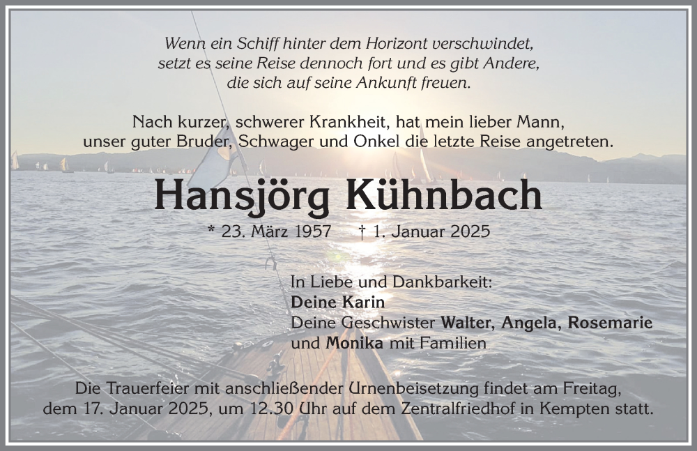  Traueranzeige für Hansjörg Kühnbach vom 11.01.2025 aus Allgäuer Zeitung,Kempten