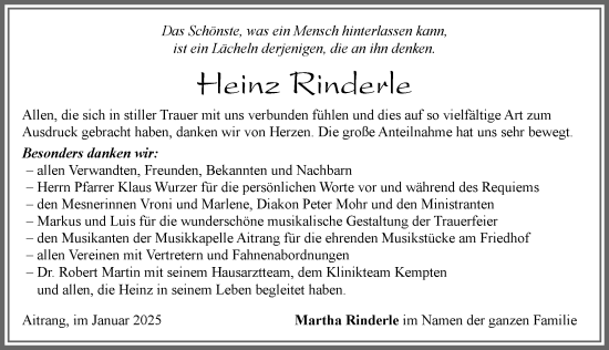 Traueranzeige von Heinz Rinderle von Allgäuer Zeitung, Marktoberdorf