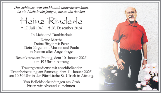 Traueranzeige von Heinz Rinderle von Allgäuer Zeitung, Marktoberdorf
