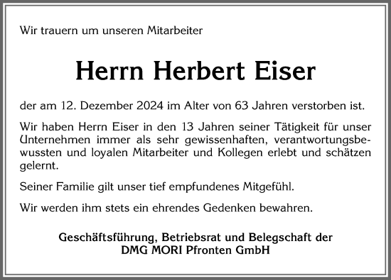 Traueranzeige von Herbert Eiser von Allgäuer Zeitung, Füssen