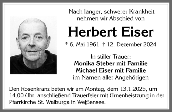 Traueranzeige von Herbert Eiser von Allgäuer Zeitung, Füssen