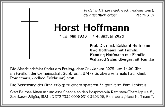 Traueranzeige von Horst Hoffmann von Allgäuer Zeitung,Kempten