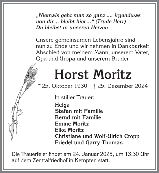 Traueranzeige von Horst Moritz von Allgäuer Zeitung,Kempten