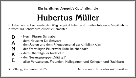 Traueranzeige von Hubertus Müller von Allgäuer Anzeigeblatt