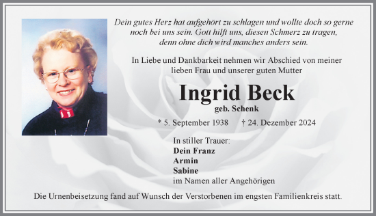 Traueranzeige von Ingrid Beck von Allgäuer Zeitung, Kaufbeuren/Buchloe