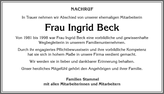 Traueranzeige von Ingrid Beck von Allgäuer Zeitung, Kaufbeuren/Buchloe