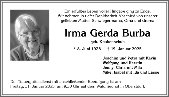 Traueranzeige von Irma Gerda Burba von Allgäuer Anzeigeblatt