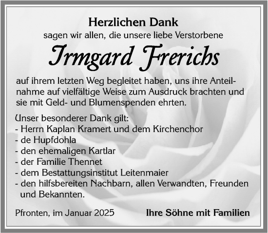 Traueranzeige von Irmgard Frerichs von Allgäuer Zeitung, Füssen