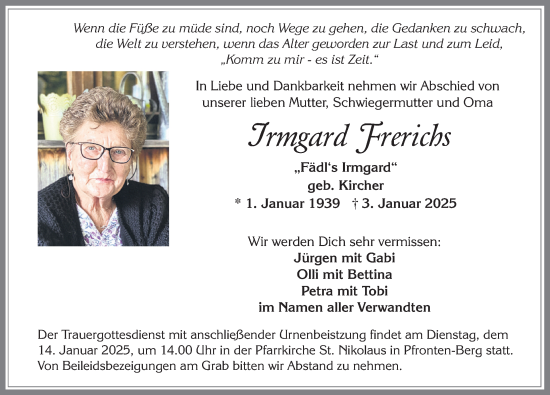 Traueranzeige von Irmgard Frerichs von Allgäuer Zeitung, Füssen