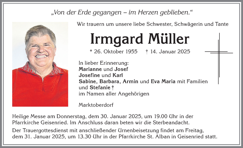  Traueranzeige für Irmgard Müller vom 28.01.2025 aus Allgäuer Zeitung, Marktoberdorf
