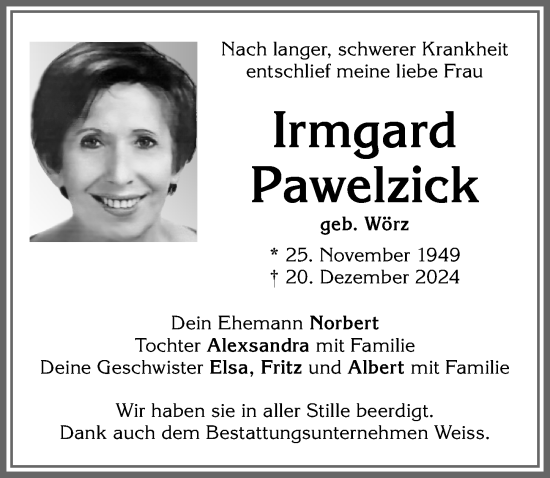 Traueranzeige von Irmgard Pawelzick von Allgäuer Zeitung,Kempten