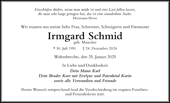 Traueranzeige von Irmgard Schmid von Der Westallgäuer