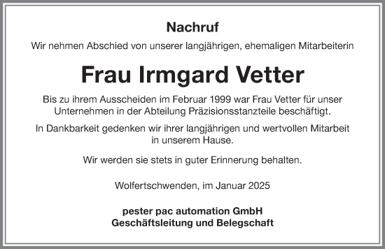 Traueranzeige von Irmgard Vetter von Memminger Zeitung