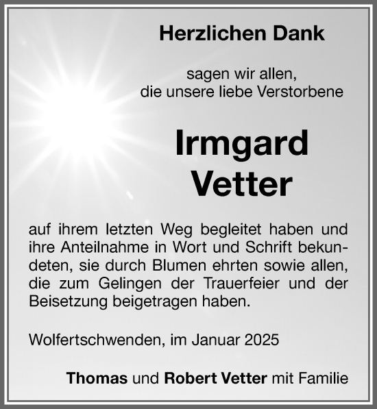 Traueranzeige von Irmgard Vetter von Memminger Zeitung