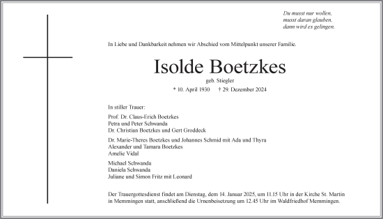 Traueranzeige von Isolde Boetzkes von Memminger Zeitung