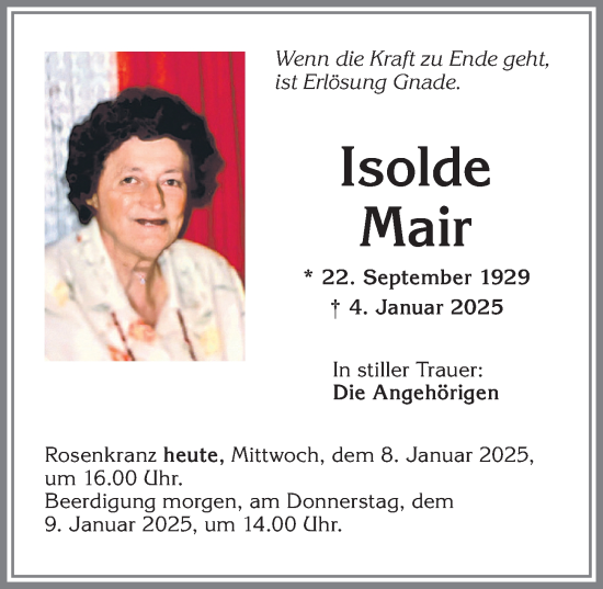 Traueranzeige von Isolde Mair von Allgäuer Zeitung, Marktoberdorf
