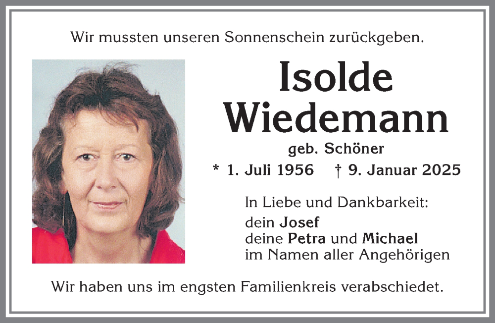  Traueranzeige für Isolde Wiedemann vom 18.01.2025 aus Allgäuer Zeitung, Kaufbeuren/Buchloe