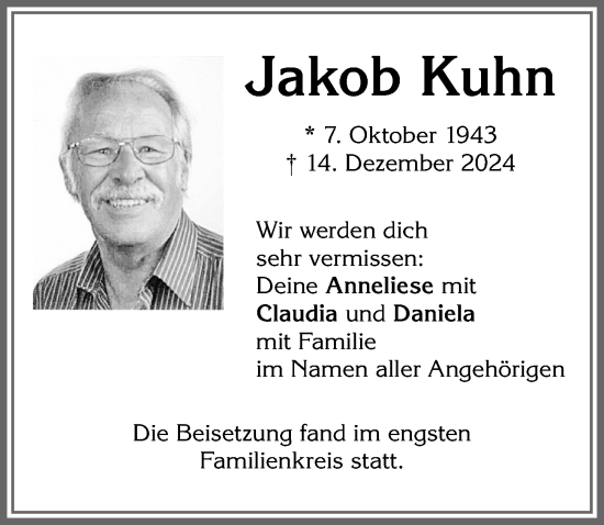 Traueranzeige von Jakob Kuhn von Allgäuer Zeitung,Kempten