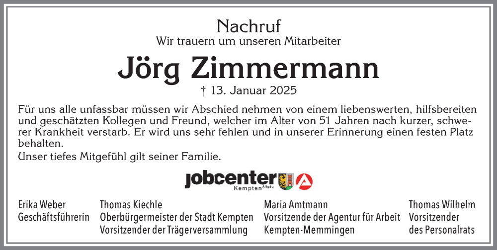  Traueranzeige für Jörg Zimmermann vom 25.01.2025 aus Allgäuer Zeitung,Kempten