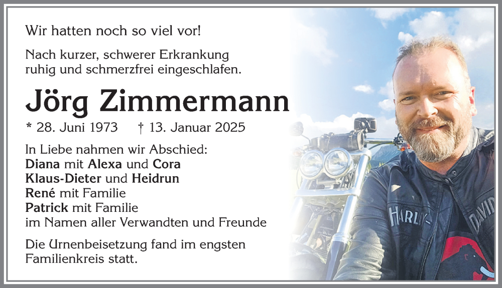  Traueranzeige für Jörg Zimmermann vom 25.01.2025 aus Allgäuer Zeitung,Kempten