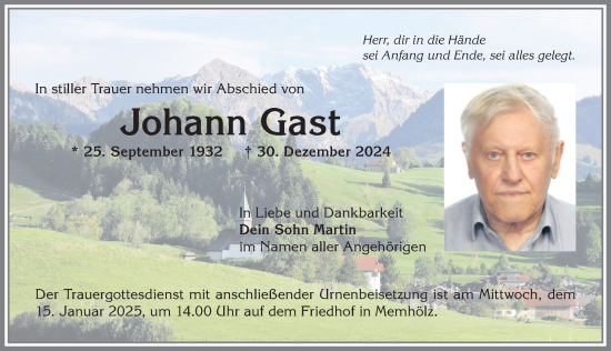 Traueranzeige von Johann Gast von Allgäuer Zeitung,Kempten
