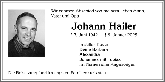 Traueranzeige von Johann Hailer von Allgäuer Anzeigeblatt