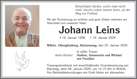 Traueranzeige von Johann Leins von Allgäuer Zeitung, Marktoberdorf