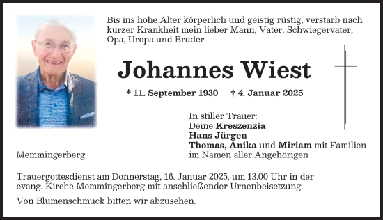 Traueranzeige von Johannes Wiest von Memminger Zeitung
