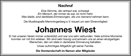 Traueranzeige von Johannes Wiest von Memminger Zeitung