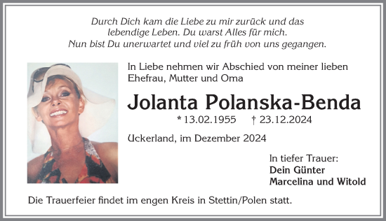 Traueranzeige von Jolanta Polanska-Benda von Allgäuer Zeitung, Kaufbeuren/Buchloe