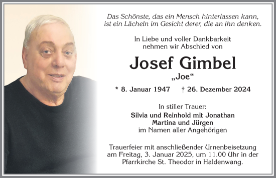 Traueranzeige von Josef Gimbel von Allgäuer Zeitung,Kempten