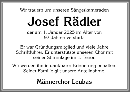 Traueranzeige von Josef Rädler von Allgäuer Zeitung,Kempten