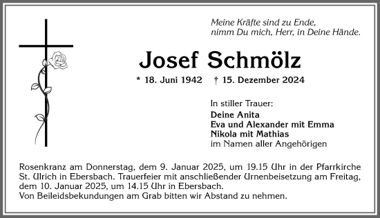 Traueranzeige von Josef Schmölz von Allgäuer Zeitung, Marktoberdorf