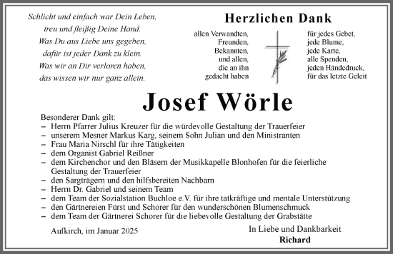 Traueranzeige von Josef Wörle von Allgäuer Zeitung, Kaufbeuren/Buchloe
