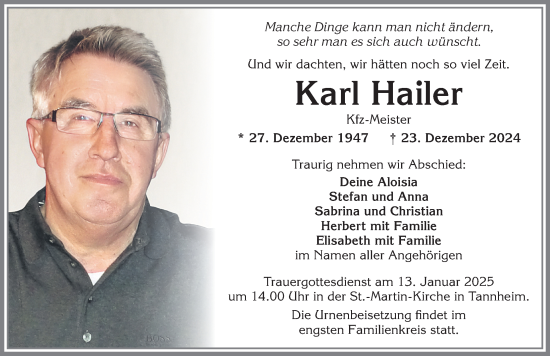 Traueranzeige von Karl Hailer von Memminger Zeitung