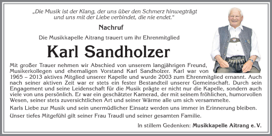 Traueranzeige von Karl Sandholzer von Allgäuer Zeitung, Marktoberdorf