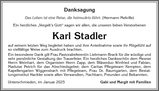 Traueranzeige von Karl Stadler von Allgäuer Zeitung,Kempten