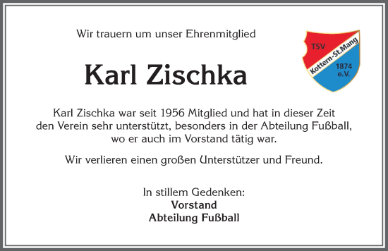 Traueranzeige von Karl Zischka von Allgäuer Zeitung,Kempten
