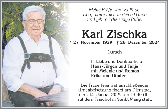 Traueranzeige von Karl Zischka von Allgäuer Zeitung,Kempten
