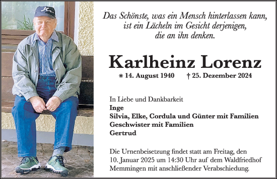 Traueranzeige von Karlheinz Lorenz von Memminger Zeitung