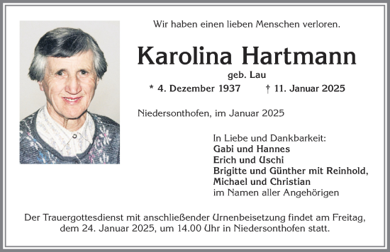 Traueranzeige von Karolina Hartmann von Allgäuer Anzeigeblatt