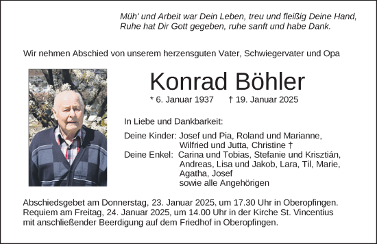 Traueranzeige von Konrad Böhler von Memminger Zeitung