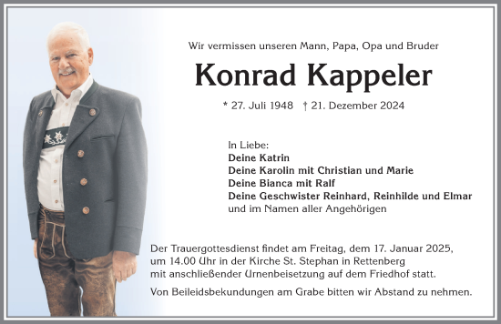 Traueranzeige von Konrad Kappeler von Allgäuer Anzeigeblatt