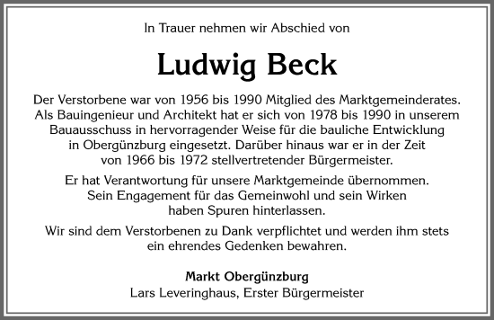 Traueranzeige von Ludwig Beck von Allgäuer Zeitung, Marktoberdorf