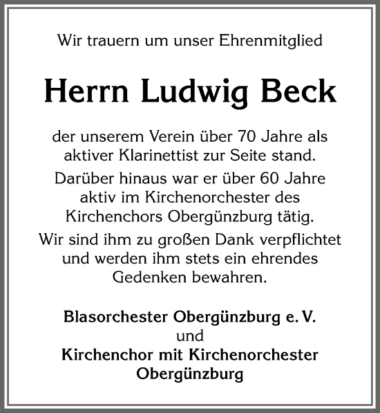 Traueranzeige von Ludwig Beck von Allgäuer Zeitung, Marktoberdorf
