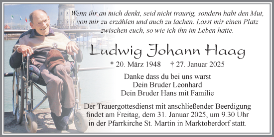 Traueranzeige von Ludwig Johann Haag von Allgäuer Zeitung, Marktoberdorf